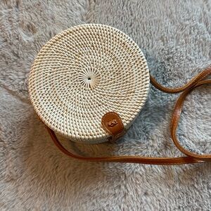 Round Woven Crossbody Bag - Cream and Tan